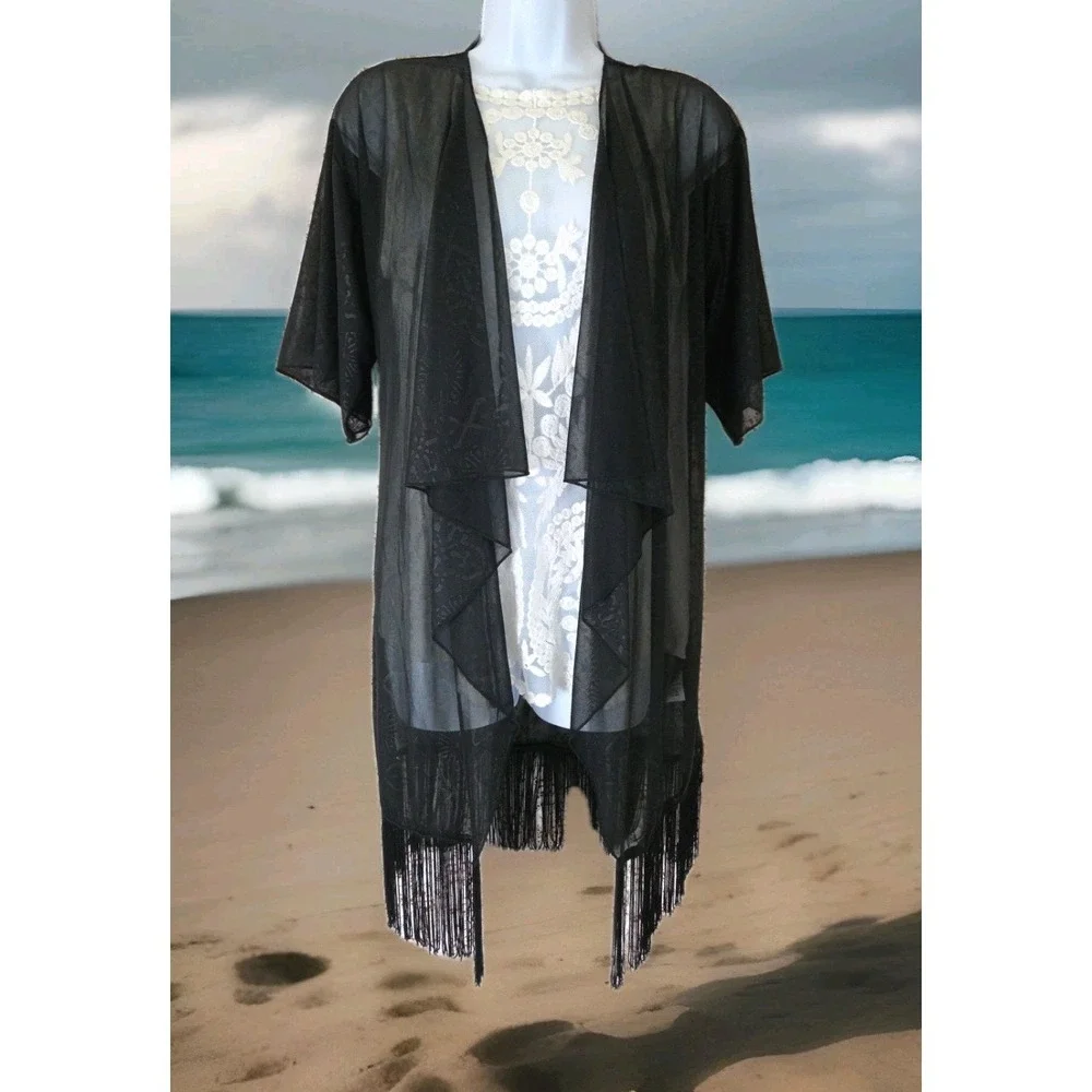 LuLaRoe Cover-up S Black Sheer Mesh with Fringe Fringe Boho Flowy Beach Festival